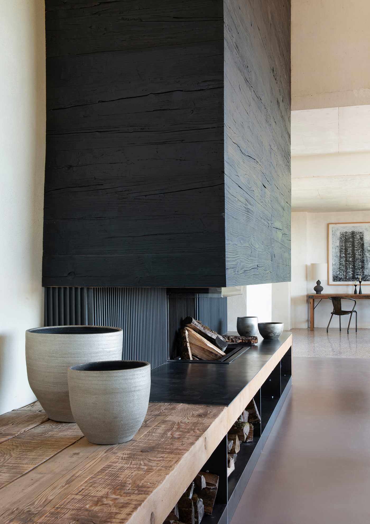 Burnt wood fireplace