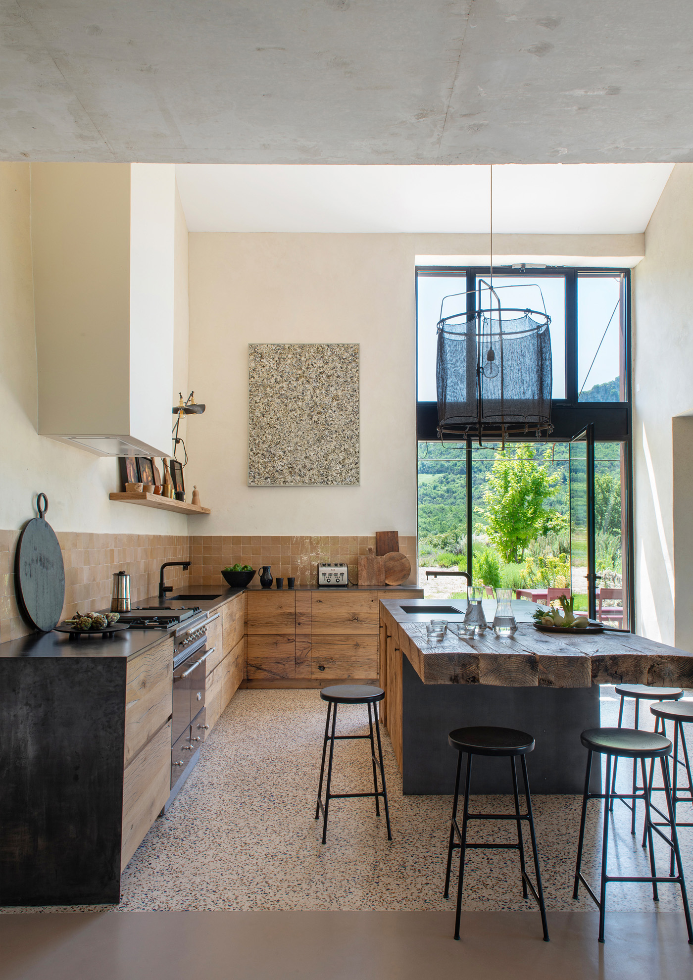 Luxury kitchen in antique wood and steel worktop